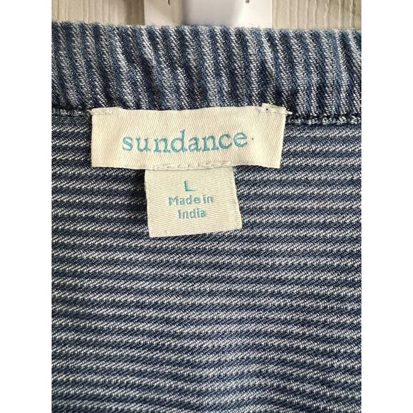 SUNDANCE Kenza Floral Cross Stitch Embroidered Chambray Striped Tunic Blouse L - Picture 9 of 12